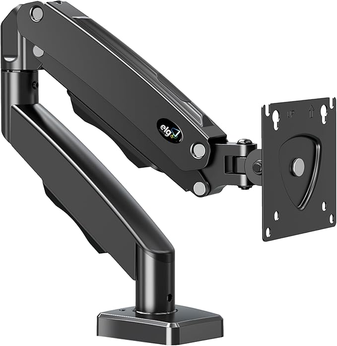 ELG Gas Spring Monitor Arm, Full Motion, 20.9" Reach, 17-35" Screens 19.8 lbs, +85°/-30° Tilt, 360° Rotation, C-Clamp & Grommet, VESA 75x75 to 100x100mm, Cable Organizer, Black