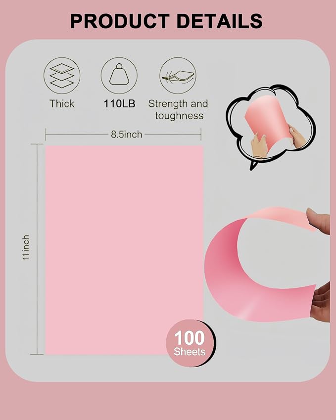 Veritas Pink Colored Cardstock, 8.5" x 11" Colored Copy paper, 110LB/199GSM Printer Paper, 100 Sheets, Colored Multi-Purpose Pink Paper, Made in USA