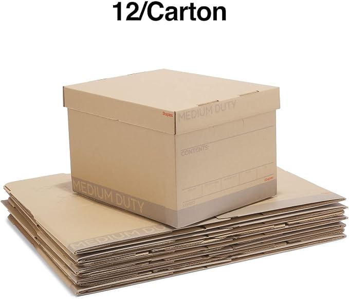 Staples Medium-Duty 100% Recycled Storage Boxes, Letter/Legal, 12-Pack | Eco-friendly stackable boxes for document storage in offices.
