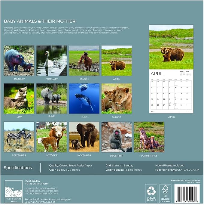 Baby Animals & Their Mother 2027 Wall Calendar, 12 x 24 Hanging Pacific Waters Press