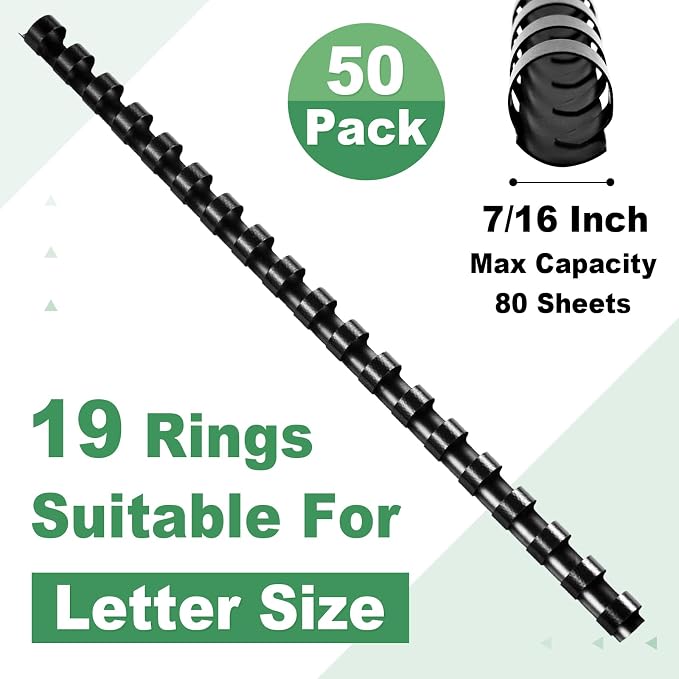 HOUYEE 50 Pack 7/16 Inch Plastic Binding Combs Spines, 19 Rings, Black | 11 mm Binder Combs for Letter Size Paper, 80 Sheets Capacity , for Book Binder Office School Supplies