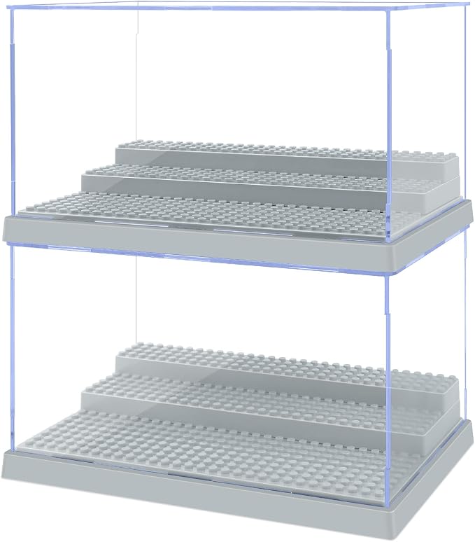 2 Pack Display Case for Minifigure Action Figures Blocks, Acrylic Minifigure Display Case Box Storage with 3 Movable Steps Gift for Kids Adults (Grey)