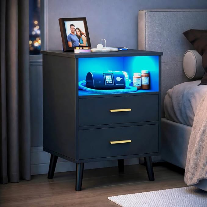 Black Bedroom Nightstand with Charging Station and LED Lights, Modern Bedside Table with Hidded Drawer, Smart Night Stand with Open Storage Shelf, USB Port, Metal Legs