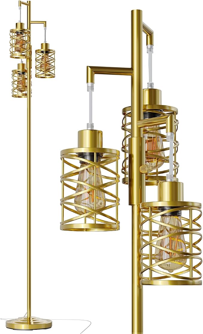 70" Industrial Floor Lamp, Stepless Dimmable Standing Lamp with 3 Bulbs, Farmhouse Corner Standing Tree Lamp for Living Room, Tall Lamps for Bedroom, Office, Study Room, Dining Room, Gold