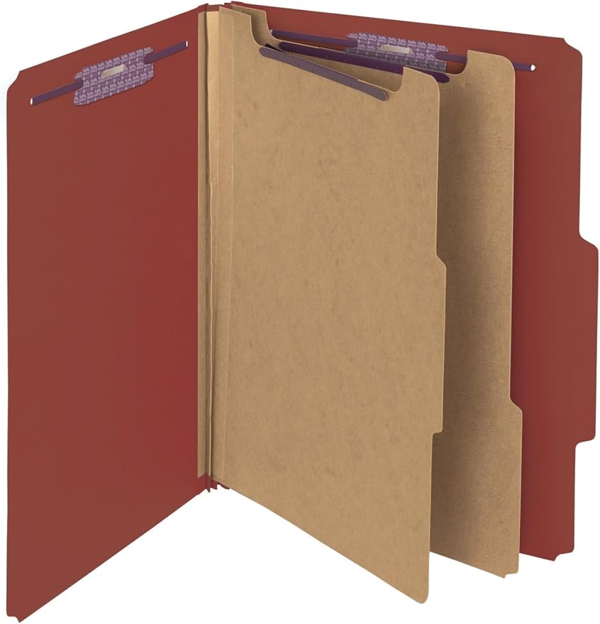 Smead Pressboard Classification File Folder with SafeSHIELD Fasteners, 2 Dividers, 2" Expansion, Letter Size, Red, 10 per Box (14073)