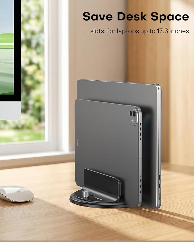 OMOTON 360° Vertical Laptop Stand Holder, Dual-Slot Aluminum Desk Organizer | Sides Knob Adjustment (No Lost Screws), Fits MacBook, iPad, Phones, and Tablets, Non-slip silicone, up to 17.3"