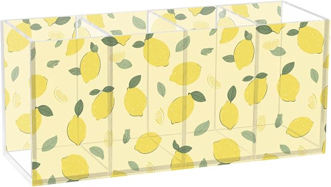 Lemon Fruit Acrylic Pen Holder 4 Compartments with Prints, Desktop Makeup Brush Organizer Cutlery Acrylic Organizer Pencil Plastic Organizer Personalized Printed Pen Holder