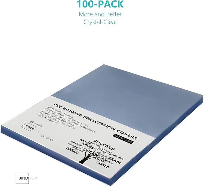 Binditek 10 Mil PVC Binding Covers, 8.5 x 11 Inches, Clear, 100 Pack | Plastic Binding Covers, 8.5" x 11" Letter Size, Clear, Square Corners, Unpunched, Ideal for Business Reports and Proposals