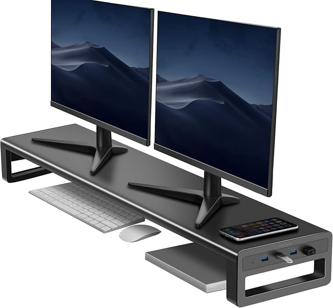 Vaydeer Dual Monitor Stand Computer Riser with USB 3.0 Hub Ports, Double Metal Stand for 2 Computer, TV, PC, Printer, Multi Media Speaker, Multifunctional Desktop Organizer