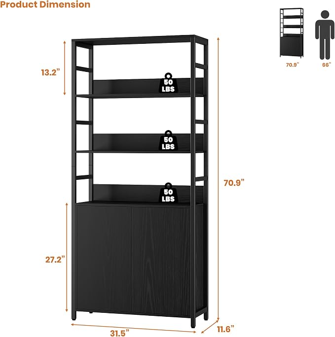 Garvee 71" Tall Bookshelf with Doors and Adjustable Shelf, Black | Industrial Display Standing Shelf Rack with 3-Tier Shelves, Bookcase with Protective Rails for Living Room, Office