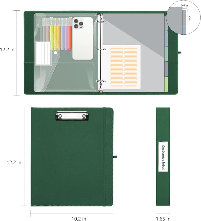 1 Inch 3 Ring Linen Binder Organizer, BVSSX Three Ring Binders with Clipboard, Plastic Folder, 5-Tabs Pocket Dividers with Sticker Labels, Pen Loop, Elastic Strap (Green,Letter Size)