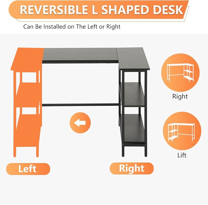 FDW L-Shaped Gaming Desk 39 Inch Computer Desk Corner Desks with Reversible Side Storage Shelves Study Desk Metal Frame PC Work Table for Home Office Dorm Sturdy Writing Workstation,Dark Black