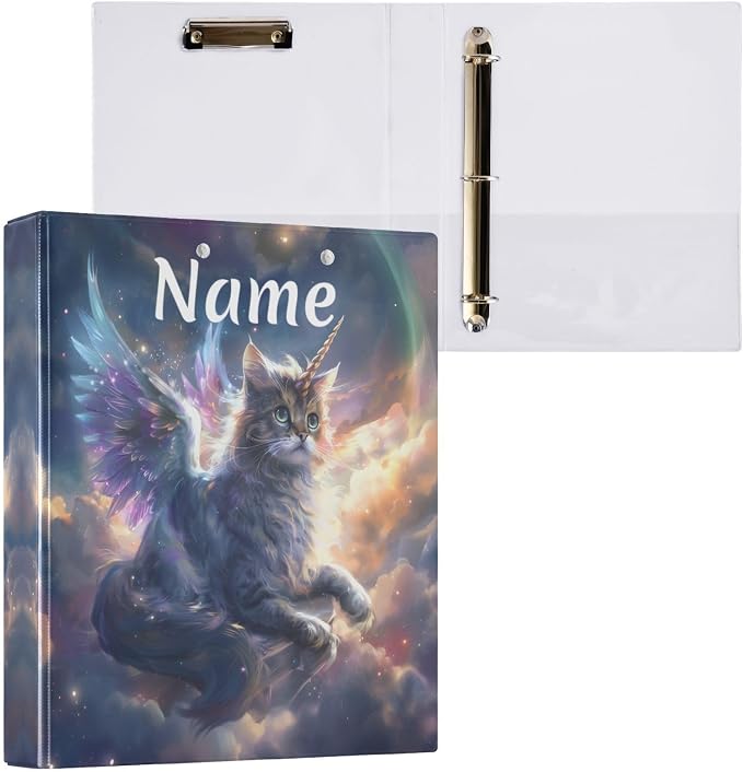 Custom 3 Ring Binder Unicorn Cat with Wings 1.5" Round Ring Binders Personalized Name View Binder with 200 Sheet for Women Men Office Kids School Supplies, 1 Pack