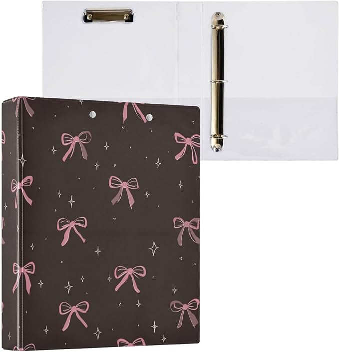 Cute Pink Bows Dark Brown Round Ring Binders 1.5 Inch 3 Ring Binder with Clipboard Holds 200 Sheets Office Home School
