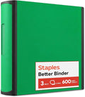 Staples Heavy-Duty 3-Inch D-Ring Binder, Green, Holds 600 Sheets | Large-capacity 3-ring binder with pockets for document storage.