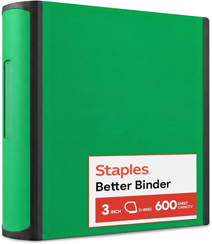 Staples Heavy-Duty 3-Inch D-Ring Binder, Green, Holds 600 Sheets | Large-capacity 3-ring binder with pockets for document storage.