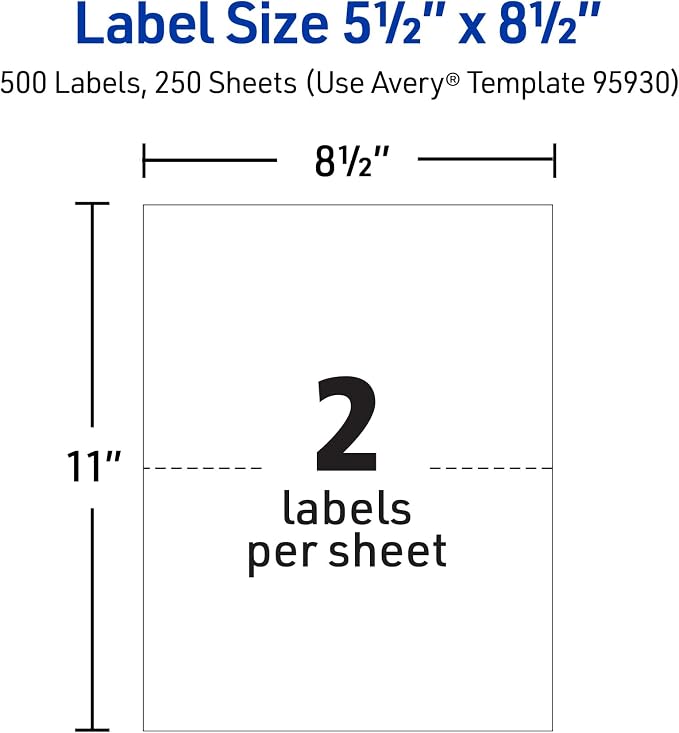 Avery Half Sheet Shipping Labels, 5.5" x 8.5", White, 500 Blank Mailing Labels, Laser/Inkjet Printable, Great for Packages, Product Merchandising, Organization, and More, 1000 Total (2 Packs of 95930)