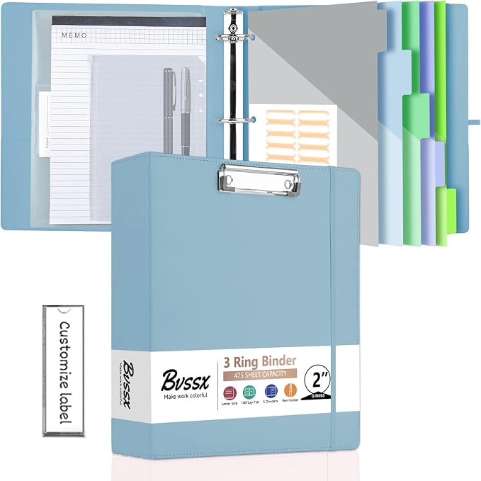 3 Ring Binder with Clipboard,2 Inch Binders with Notepad&5 Dividers with Pockets, Labels,PU Clipboards for School Office(Blue,Letter Size)
