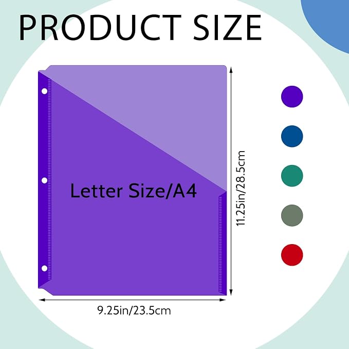 Maitys 50 Pack Binder Pockets 3 Ring, Letter Size 8.5x11,Dark Color | Clear Plastic Document Sleeves, Sheet Protectors with Slash Jacket, Fits Standard 3 Hole Binders, Organize Office Papers