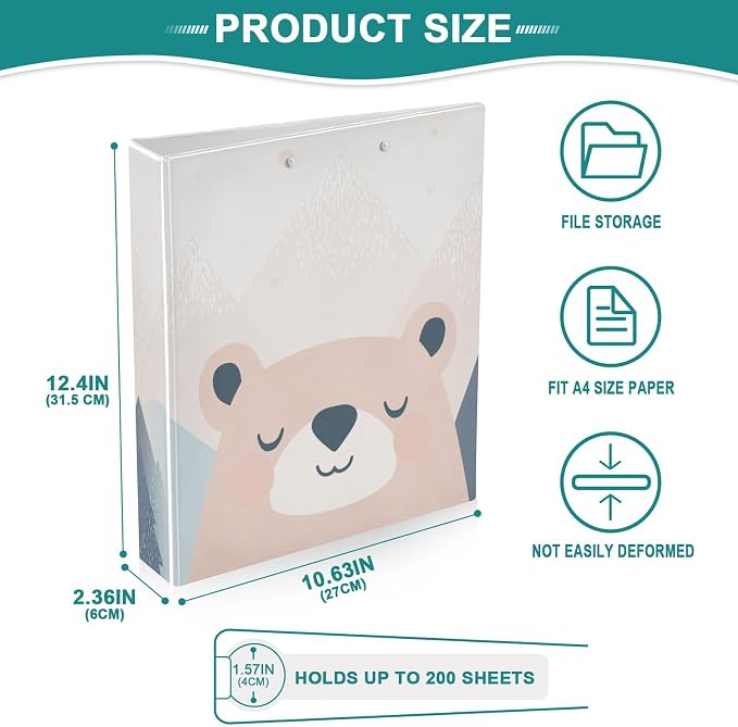 Cute Bear with Mountains Binder 1.5 Inch Binder with Clipboard&Pockets, Hardcover Binders 3 Ring, Heavy Duty Large File Folder for Office School Supplies - Holds 200 Sheets
