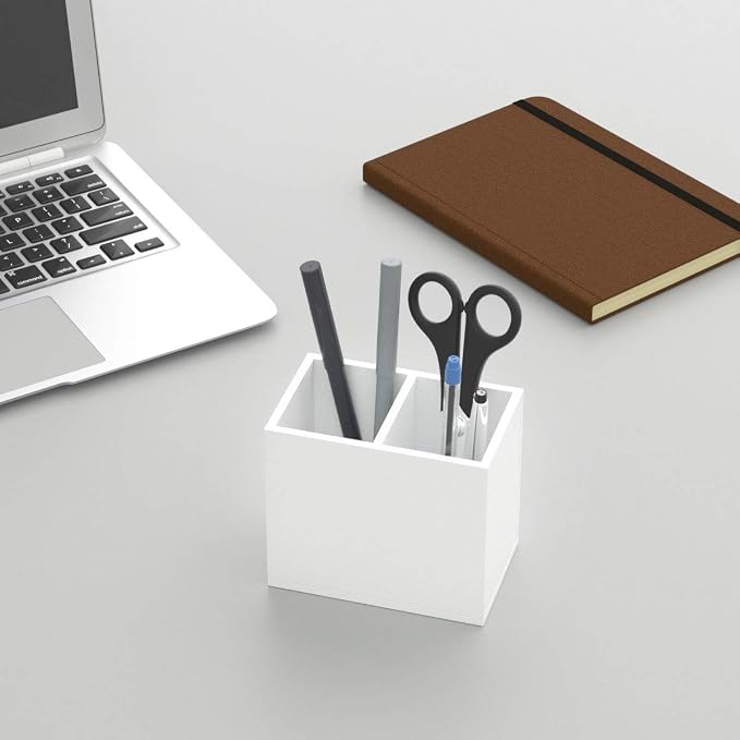 NIUBEE White Acrylic Pen Holder 2 Compartments, Desk Office Pencil Cup Desk