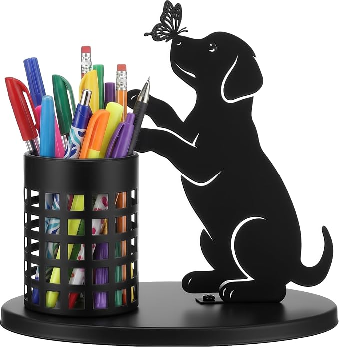 Tandefio Dog Pen Holder for Desk Cute Black Puppy Pencil Holder Metal Desk Accessories Organizer Makeup Brush Pen Cup for Back to School Stationery Office Home Decor Table Centerpiece Lover Gift Women