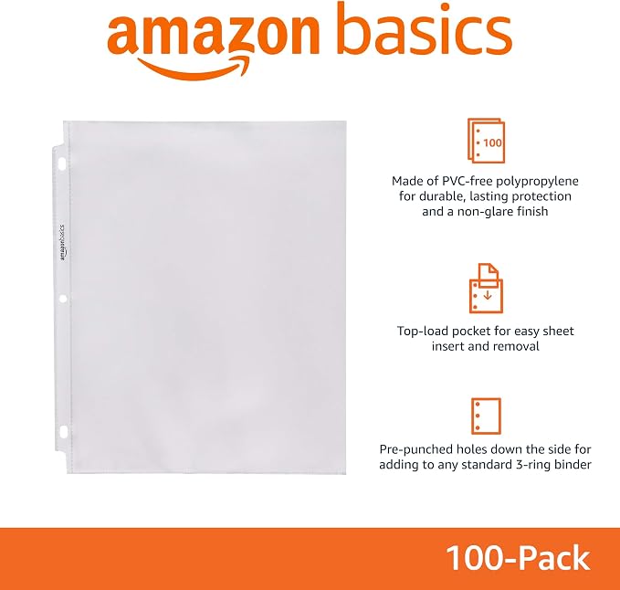Amazon Basics Sheet Protectors for 3 Ring Binder, Non-Glare, Top Loading, Letter Size 8.5 x 11 in, Clear Plastic Sleeves, 100-Pack