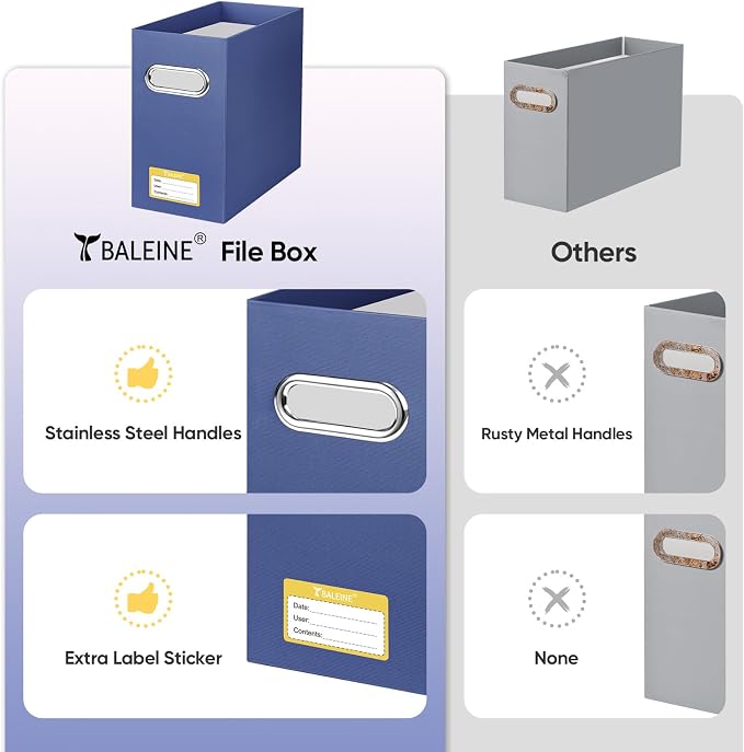 BALEINE 4PK File Organizer Box, Cardboard File Folder Organizer with Handle | Strong Corrugated Paper Core, Label Stickers for Identification, Hanging File Folder Organizer, Home Office Document Storage