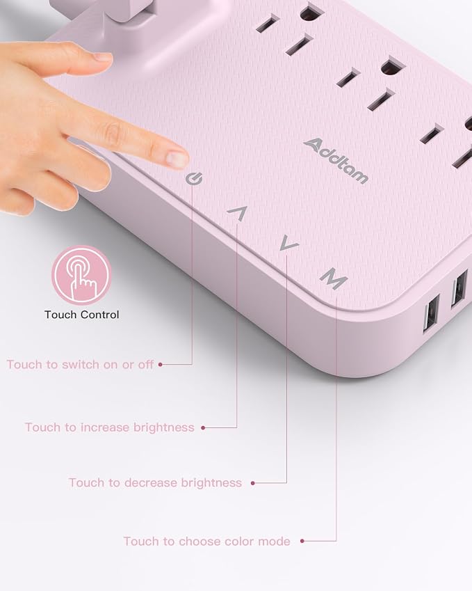 Addtam LED Desk Lamp, Power Strip with 3 Outlets 4 USB Charging Ports(2 USBC), 4 Modes 5 Level Brightness Touch Lamp, Small Desk Lamp for Home Office College Dorm Room Essentials, Pink