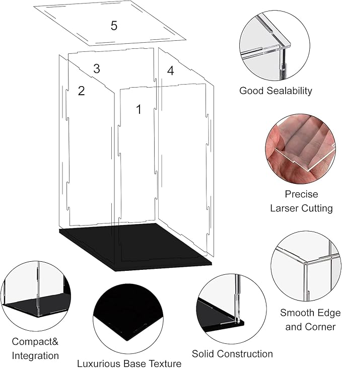 Clear Acrylic Display Case,Self-Assembly Display Box with Black Acrylic Base,Countertop Box Cube Organizer Stand Riser Dustproof Protection Showcase for Figures Toys Collectibles(9.8x9.8x15.7 inch)