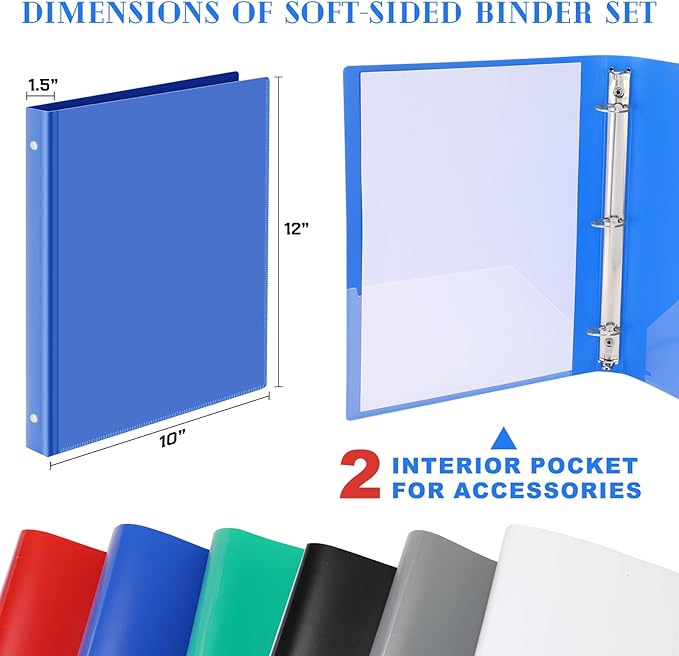 Fulmoon 6 Pack 1.5 Inch Plastic 3 Ring Binders with Pockets, Classic Colors | Flexible Covers with Round Rings and Front Pockets for Organizing Papers at School, Office, Meetings and Presentations