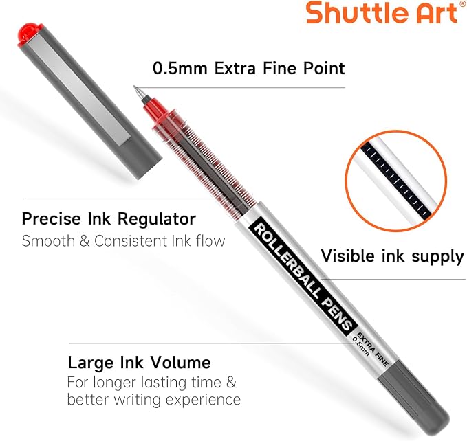 Shuttle Art Rollerball Pens, 10 Pack Red Liquid Ink Pens, 0.5mm Extra Fine Point, Quick Drying for Writing Journaling Taking Notes School Office
