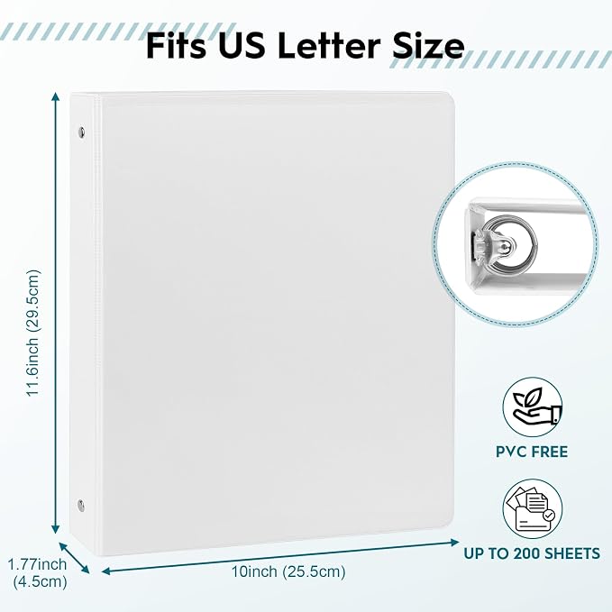 Bulk 3 Packs 1'' Economy 3-Ring Binders, 1 Inch Round Rings, US Letter Size 8.5'' x 11'', 200 Sheets Capacity, ClearVue Presentation View, Non-Stick, White (3)