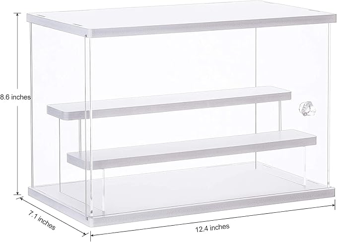 Dezzer Acrylic Display Case Stand with 2 Ladder Shelves, Clear Dustproof Protection Storage Display Box for Collectibles, Action Figures, Miniature Figurines, White (12.4x7x8.6in)