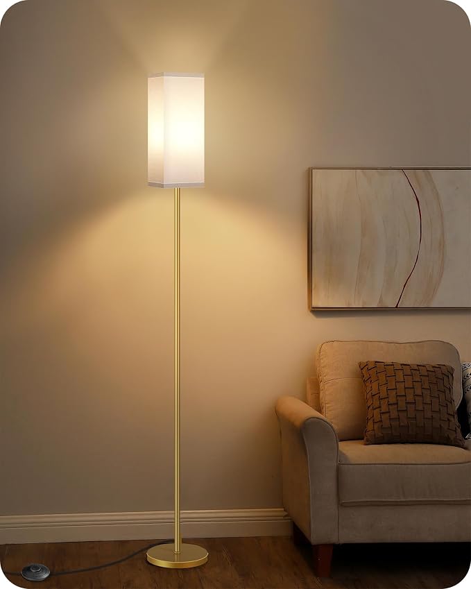 Floor Lamp, Pole with Foot Switch, Modern Standing Lamp Lampshade, Minimalist Freestanding Lamp (Bulb Not Included), for Living Room, Bedroom Office ETL Listed Gold and White DCW07LD05