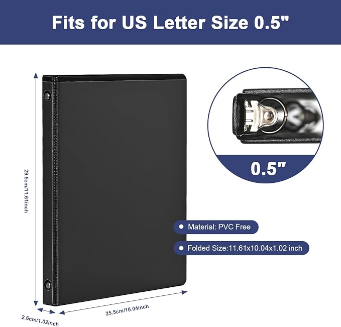 0.5'' Economy 3-Ring Binders, 1/2 Inch Round Rings, 100 Sheet Capacity, ClearVue Presentation View, Non-Stick, Bulk Pack of 12 (Black - 12 Packs)