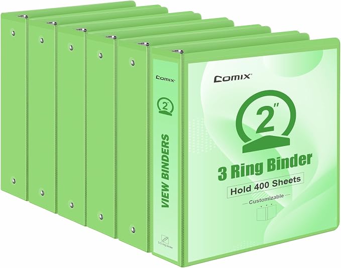 COMIX Sturdy Standard 2 Inch 3 Ring Binder with Clear View Cover | 2"Round Ring,PVC-Free,Holds 400 Letter Sheets,Morandi Multicolor for Students & Office,6 Pack (Light Green)