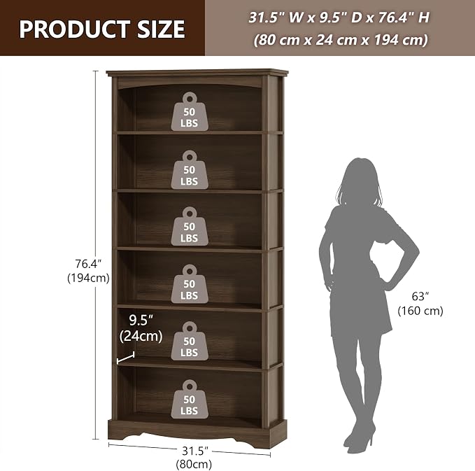 TVU 6-Tier Wooden Bookshelf, 76 Inch Tall Bookshelf with Storage, Floor Standing Modern Style Display Bookcase for Living Room, Office, Study Room, Entryway, Brown
