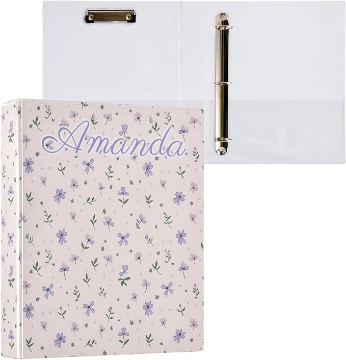 Custom Personalized Name Small Purple Flowers Bows 3 Ring Binder 1.5 Inch