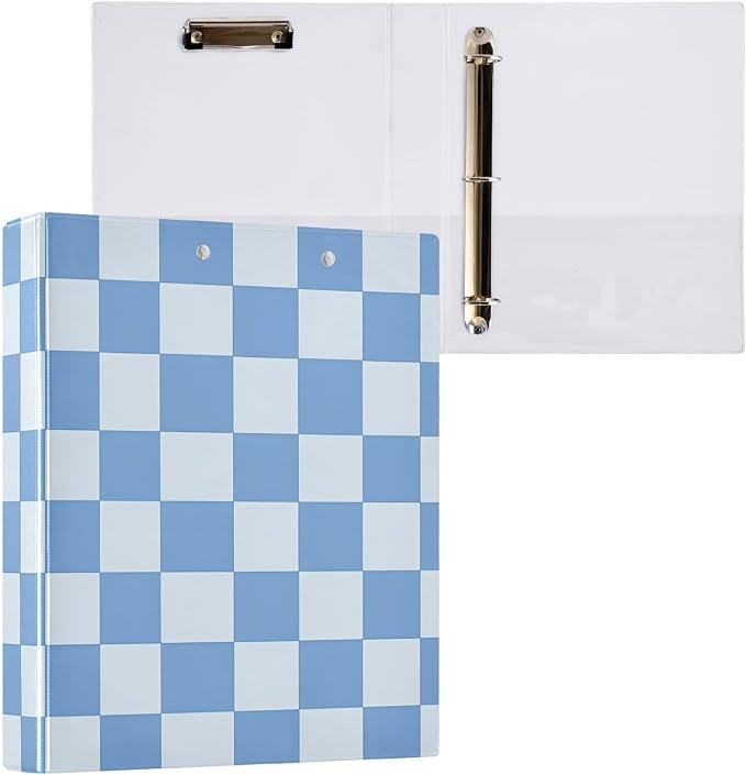 3 Ring Binder Blue Checkered White Buffalo Plaid 1.5 inch Binders Three Ring Binders with Clipboard Fit 8.5'' x 11'' Paper 3 Interior PVC Clear Pockets for Office Supplies