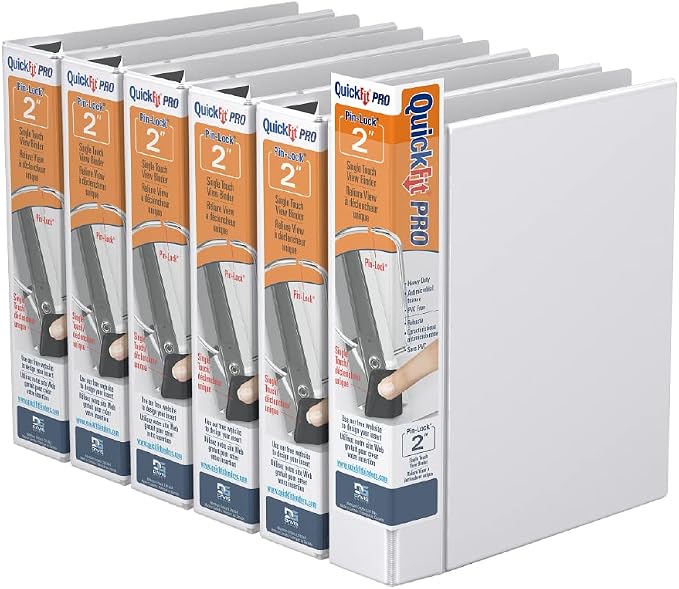 QuickFit PRO Heavy Duty Single Touch View Binder, D Ring, White, 6 Pack, 2 Inch