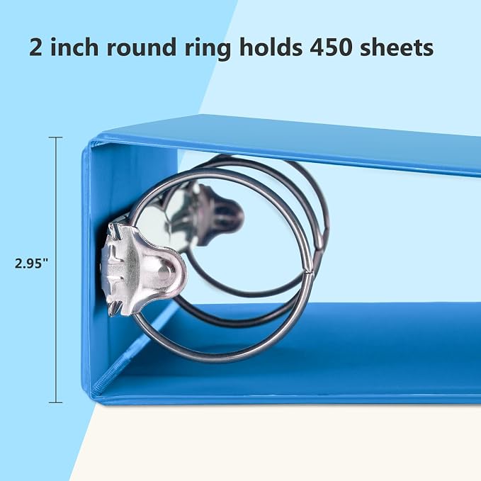 ViVin 2 Inch Round Ring View Binder for Durability, 6-Pack (Light Blue) | Standard 3 Ring Binder for 450 Sheets of US Letter Size Paper, PVC-Free, Clear Front Pocket, Office Home School Use