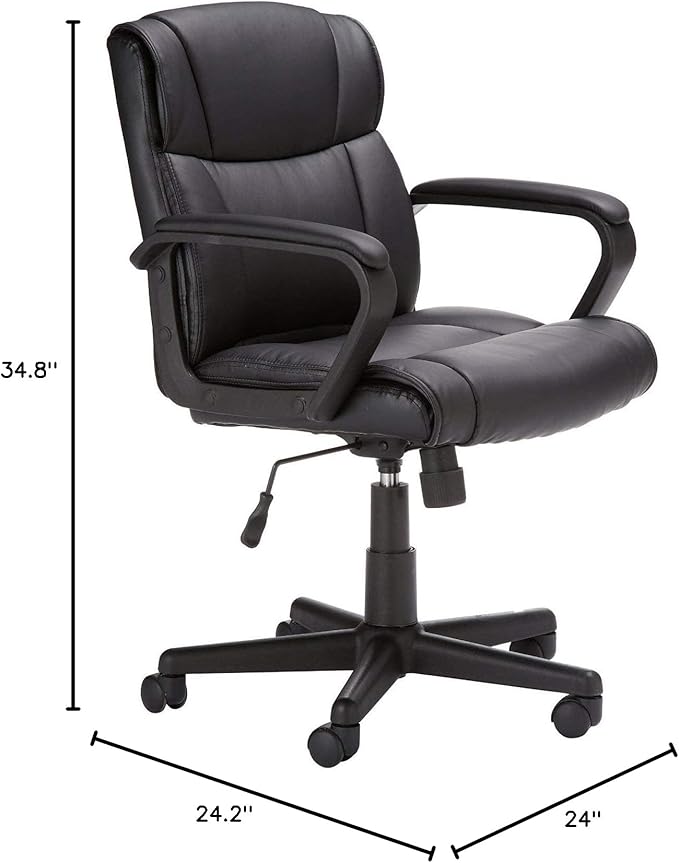 Amazon Basics Office Task Chair with Adjustable Height, 360° Swivel, Padded Armrests, Mid-Back, Rolling, 275 Pound Capacity, 24.2"D x 24"W x 34.8"H, Black Faux Leather