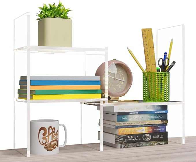 Adjustable Acrylic Desk Shelf for Top of Desk: Clear Desktop Shelf, Premium Desktop Bookshelf Organizer, Office Table Book Shelves