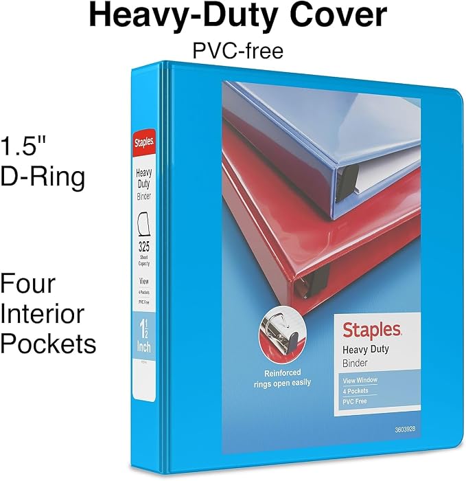 Staples Heavy Duty 1.5‑Inch 3‑Ring View Binder, Light Blue, Durable D‑Rings, Four Interior Pockets, Clear Overlay for Custom Covers, 3‑Pack