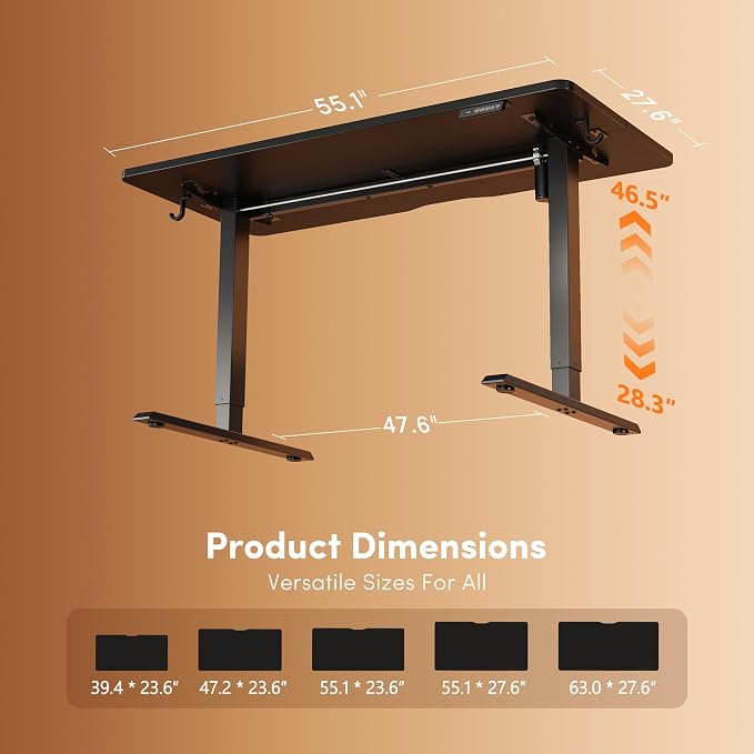 DESINO Standing Desk, 55 × 28 Inches Electric Height Adjustable, Sit and Stand Up, Computer Office Desk with Splice Board, Black Frame/Black TOP