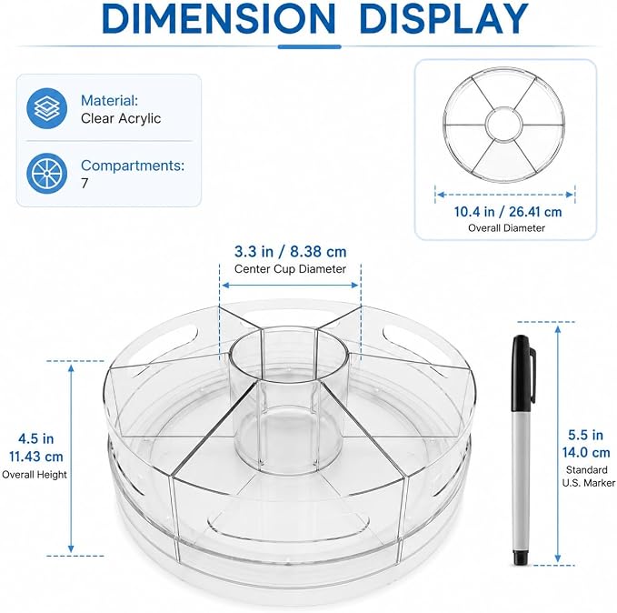 CraftGenes Rotating Organizer, Clear Acrylic Pen Holder and Pen Organizer for Desk, Art Supply Organizer and Marker Organizer, 7 Removable Compartments for Office Supplies, Classroom, Craft Room