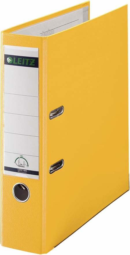 Leitz Plastic Lever Arch File, 90 Percent Recycled Card, 30 Percent Pre-Consumer Recycled Plastic, with Thumbhole and Rado Rings, 80mm Spine 600 Sheet Capacity, Yellow, 10101015