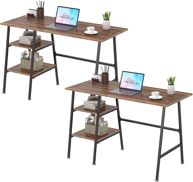VECELO 43.1 Inch Computer Desk Home Office Walnut Study Desk Work Office Table with Shelves Wooden Desk for Bedroom 2 Set