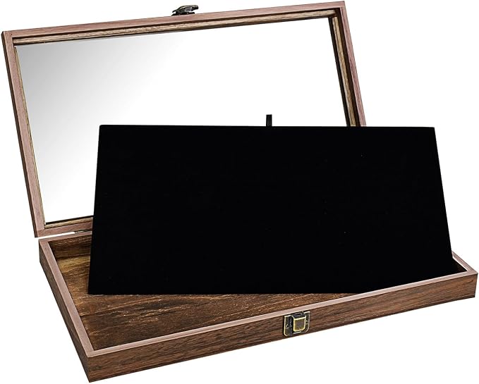 MOOCA Wood Jewelry Display Case with Tempered Glass Top, Black Velvet Pad | Wood display case with a glass top and removable black velvet pad accommodates taller jewelry and collectibles.